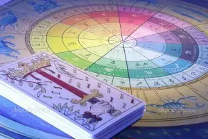 Close Up of Tarot Cards and Zodiac Wheel